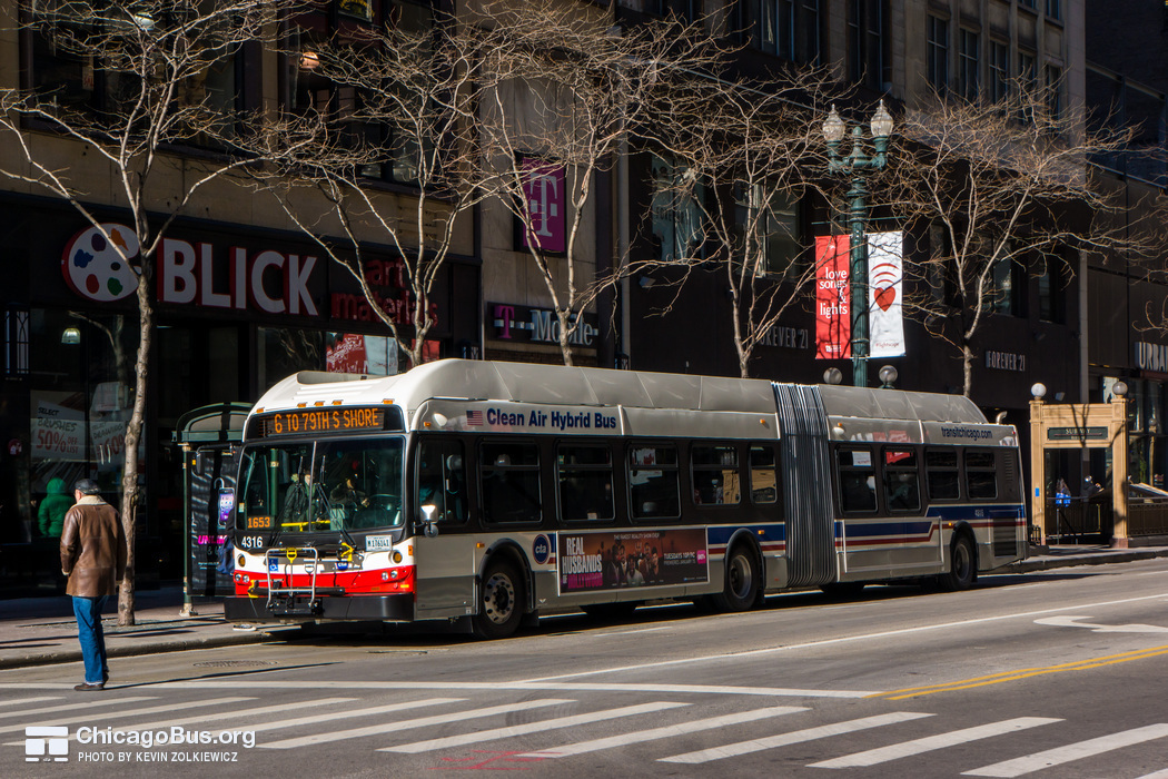 Bus #4316 at State and Monroe, working route #6 Jackson Park Express, on January 16, 2013.