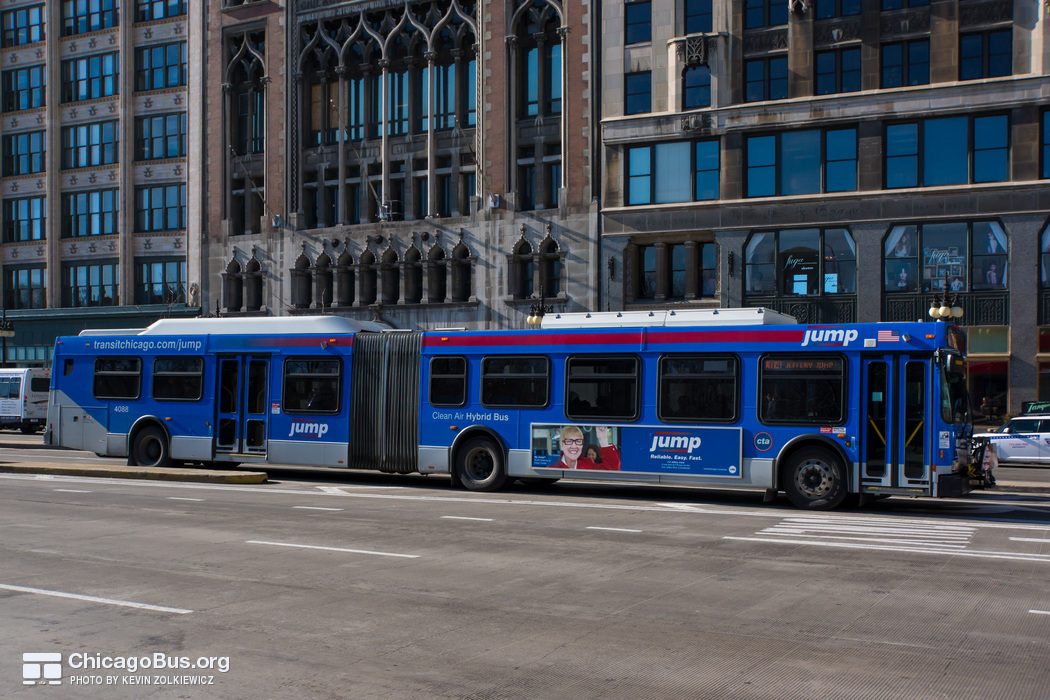 Bus #4088 at Michigan and Madison, working route #J14 Jeffery Jump, on January 16, 2013.
