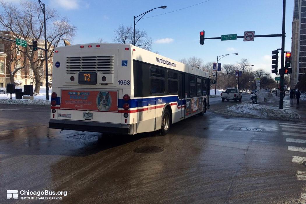 Bus #1963 at North and Clark, working route #72 North, on February  3, 2015.