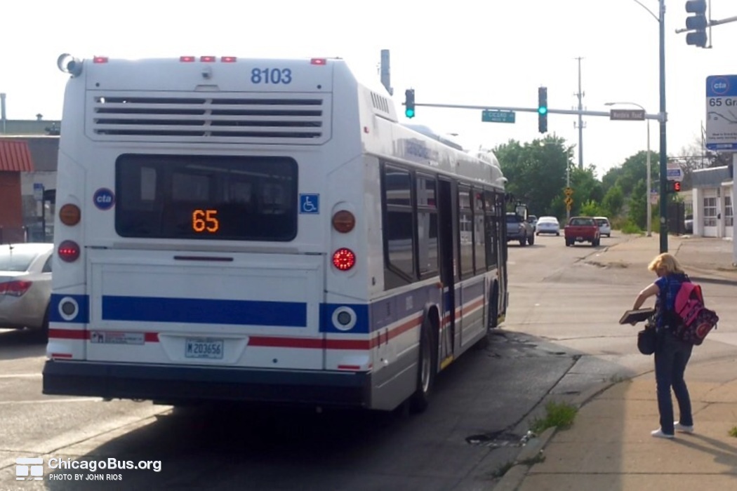 Bus #8103 at Grand and Cicero (Metra Station), working route #65 Grand, on July 28, 2015.