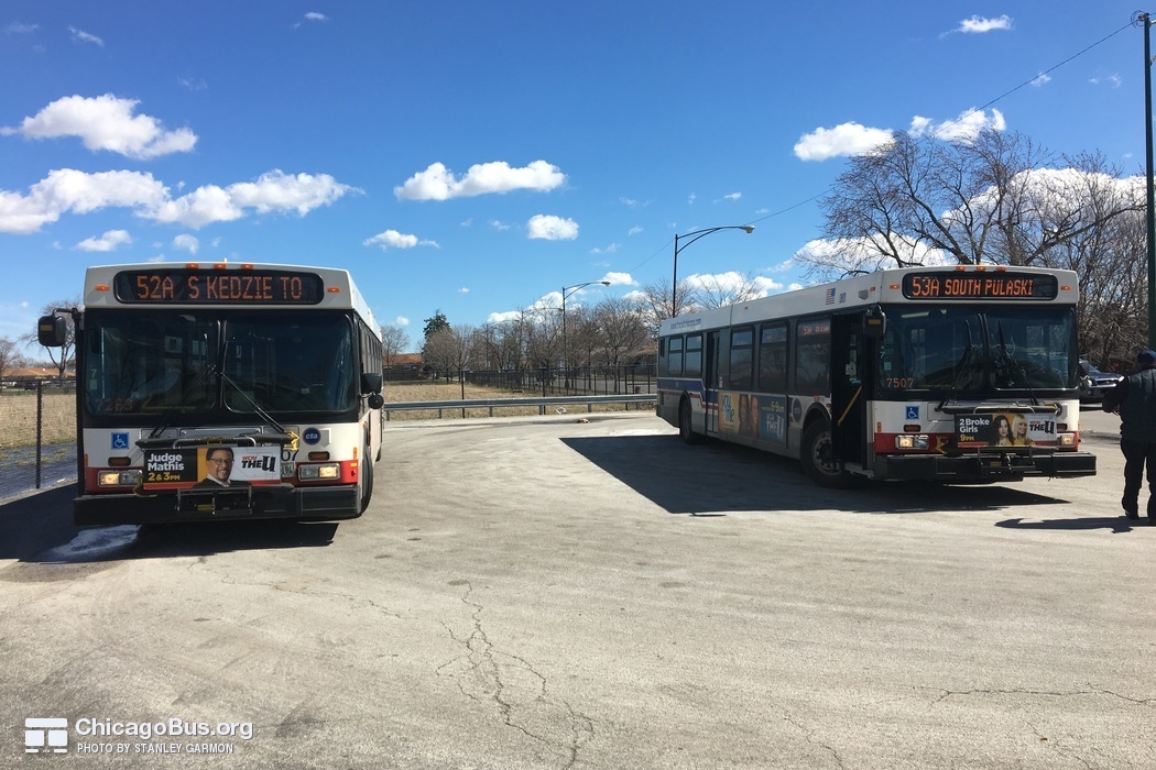 Buses #1207 and #1461 at 115th and Springfield (Terminal), working routes #52A South Kedzie and #53A South Pulaski, on March 16, 2016.