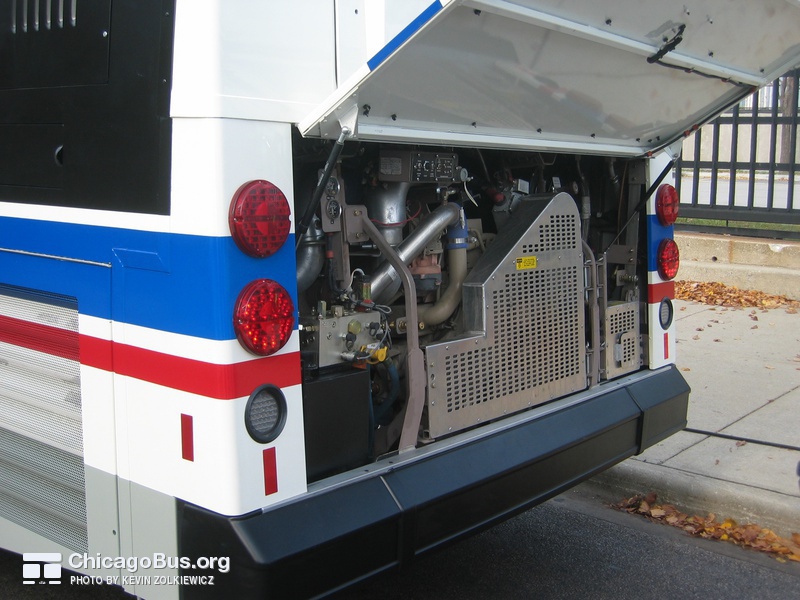 Prototype bus #1000 at Navy Pier during a CTA press conference on November 2, 2005. The 1000-series buses are equipped with a low emission Cummins engine. Each bus produces 60% fewer emissions than the 1991 Flxible Metro buses they replaced.