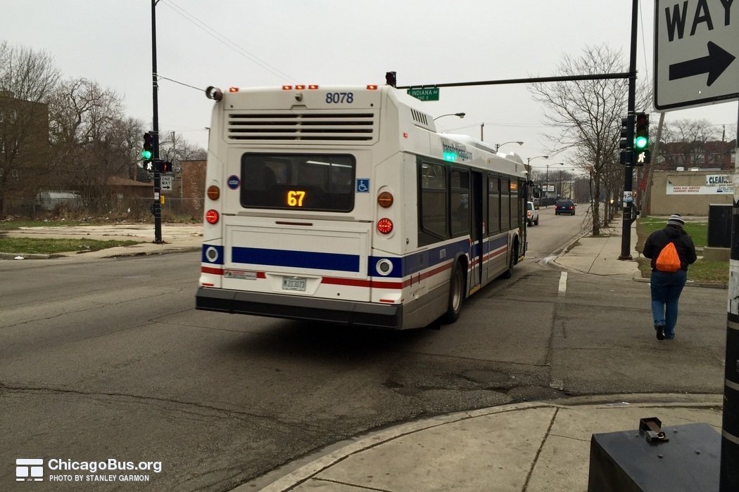 Bus #8078 at 69th and Indiana, working route #67 67th/69th/71st, on April  7, 2015.