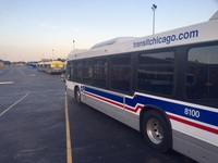 Bus #8100 arrives at CTA Heavy Maintenance and South Shops awaiting inspections and installations of equipment including Ventra and Clever Devices technology before entering service, on July 12, 2015.