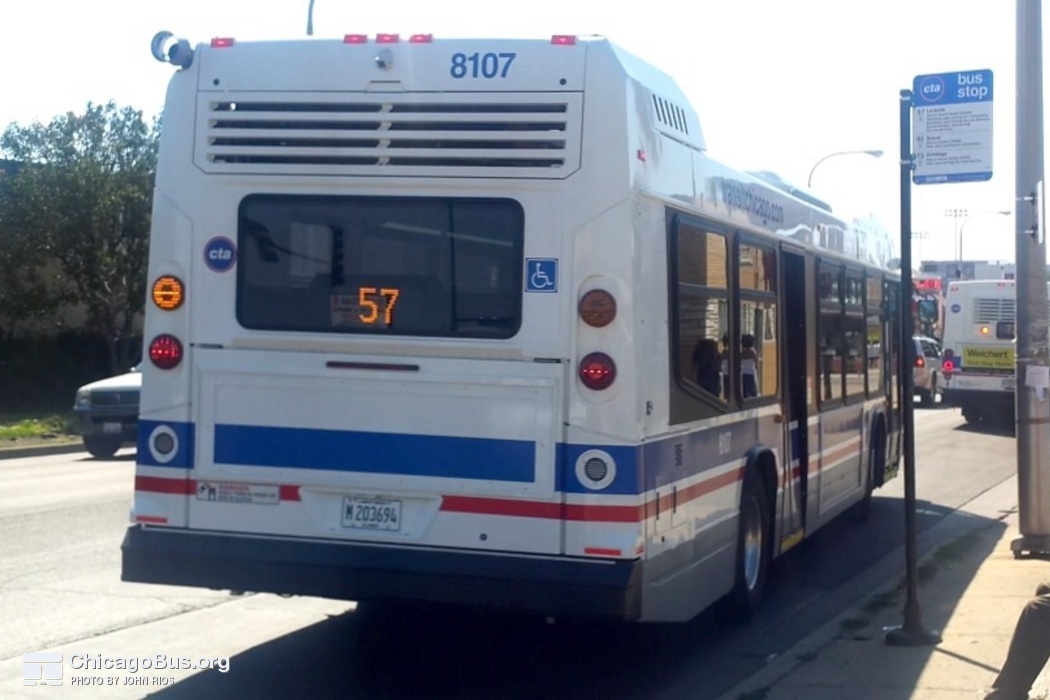 Bus #8107 at Grand and Laramie near terminal, working route #57 Laramie, on July 30, 2015.